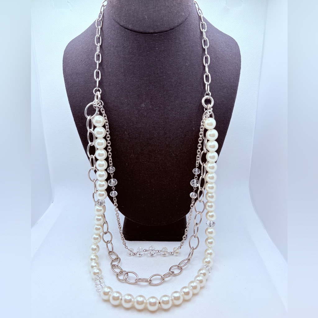 Draped 3 Strand Necklace Faux Pearls Faceted Beads Chains Silver Tone 26-29 17$